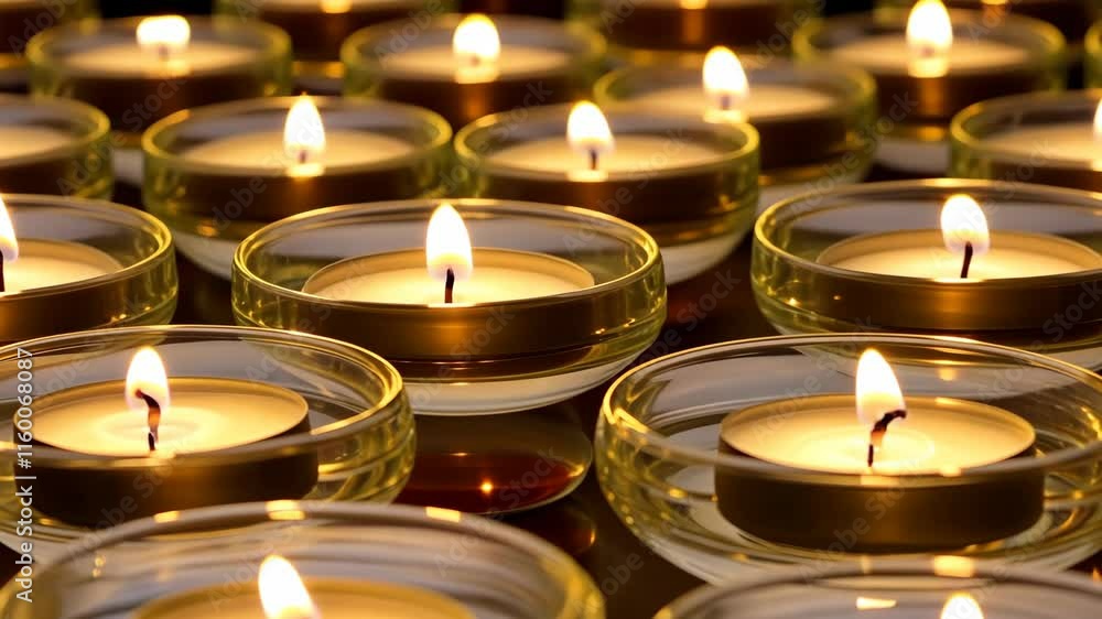 Poster soft glow of multiple tealight candles illuminating a tranquil space during an evening gathering