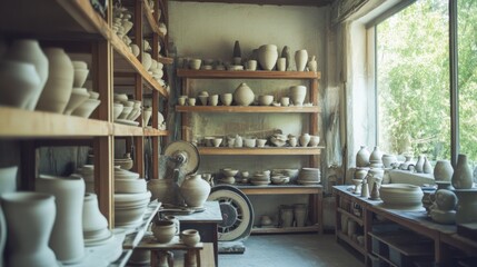 A tranquil pottery studio with pottery wheels and shelves of clay creations, Artistic lifestyle style, photo of