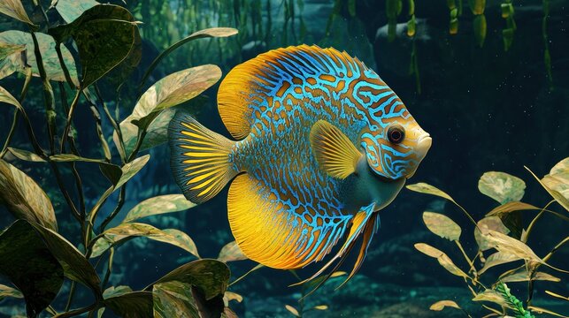 Vibrant blue and yellow discus fish swimming amidst aquatic plants in an aquarium.