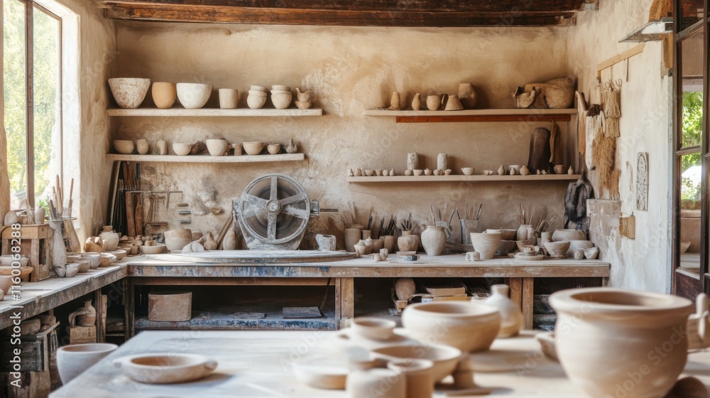 Poster a tranquil pottery studio with spinning wheels and clay sculptures in progress, artisan tools organi