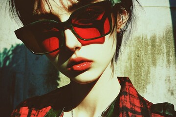 Close-up portrait of a young woman with red sunglasses and short hair.