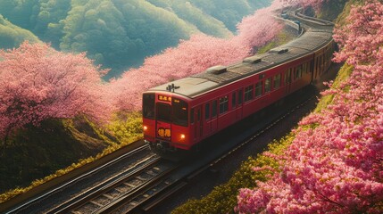 Obraz premium Cherry blossom with Red train in spring in Japan or Korea is the popular view spot,Illustration of Japanese spring,Panorama travel,tour advertising of world famous landmarks of Japan,autumn season.