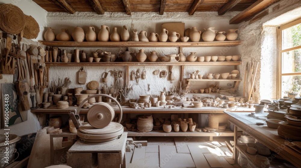 Poster a tranquil pottery studio with spinning wheels and clay sculptures in progress, artisan tools organi