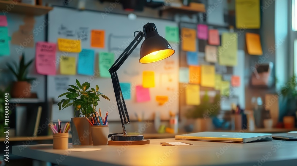 Poster warm desk lamp illuminates workspace with colorful sticky notes. perfect for concepts of productivit