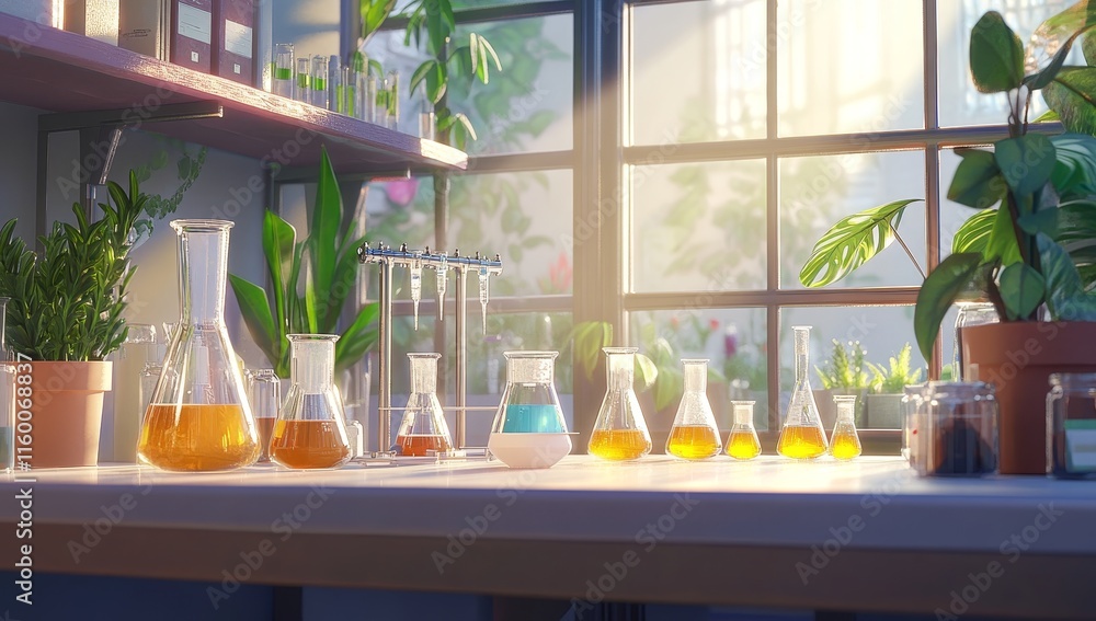 Poster sunlit lab bench with various erlenmeyer flasks containing different colored liquids, plants, and te