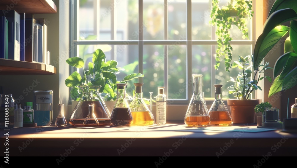 Poster sunlit lab window with plants and beakers.