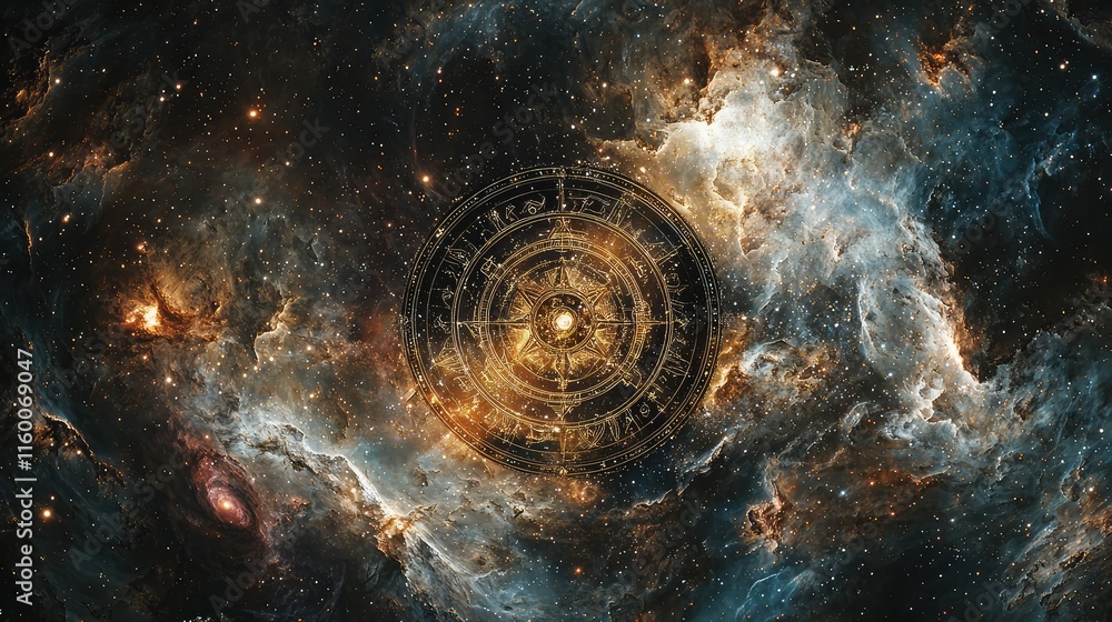 Poster cosmic abstract art with galactic elements and mystical symbols