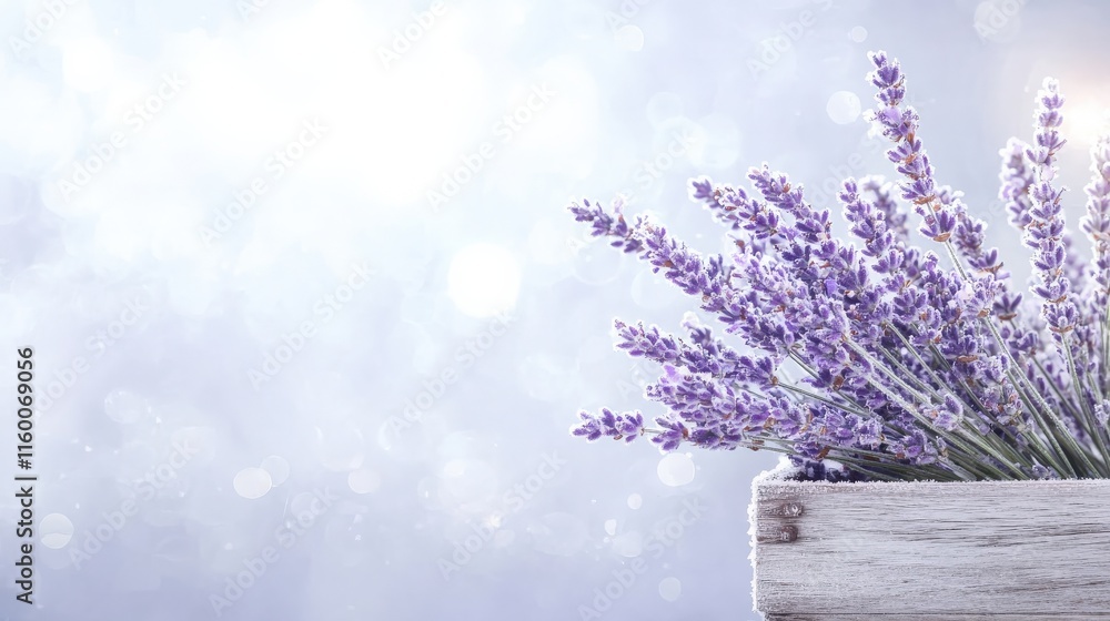 Poster beautiful arrangement of lavender flowers in a rustic wooden box with a soft bokeh background, creat