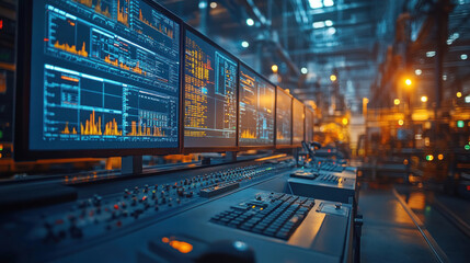 A modern industrial control room with engineers monitoring screens and data readouts