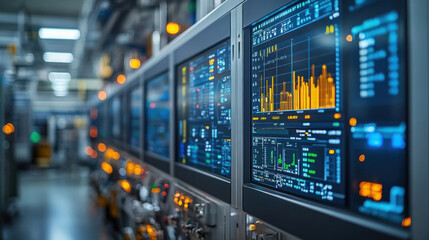 A modern industrial control room with engineers monitoring screens and data readouts