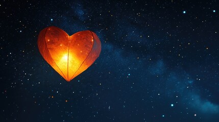 Heart-Shaped Lantern Floating in Starry Night Sky with Twinkling Stars