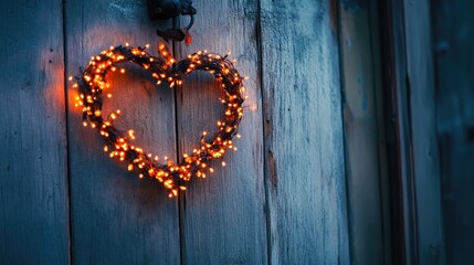 Heart Shaped Decoration with Warm Lights on Rustic Wooden Background