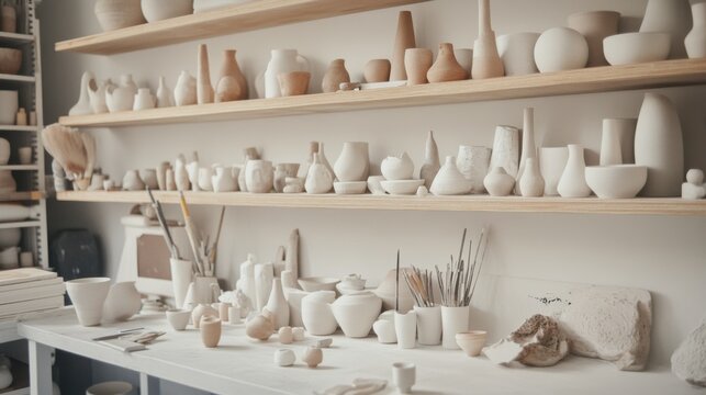 A tranquil pottery workshop with shelves of delicate ceramic sculptures, Pottery tools arranged in a workshop of creative serenity, Contemporary ceramic art style