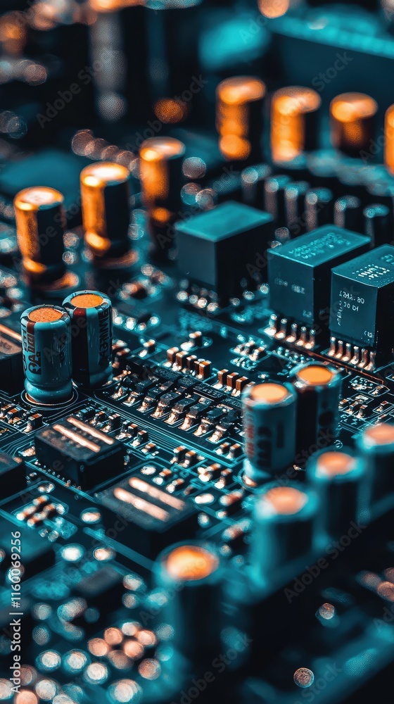 Poster close-up view of electronic circuit board with detail and components