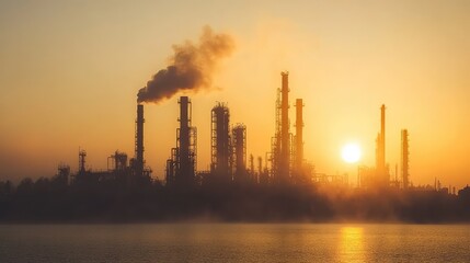 Industrial Complex Silhouette Against Colorful Sunset Horizon