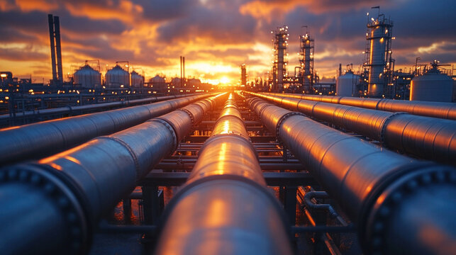 A petrochemical facility with pipelines and storage tanks under a dramatic sunset