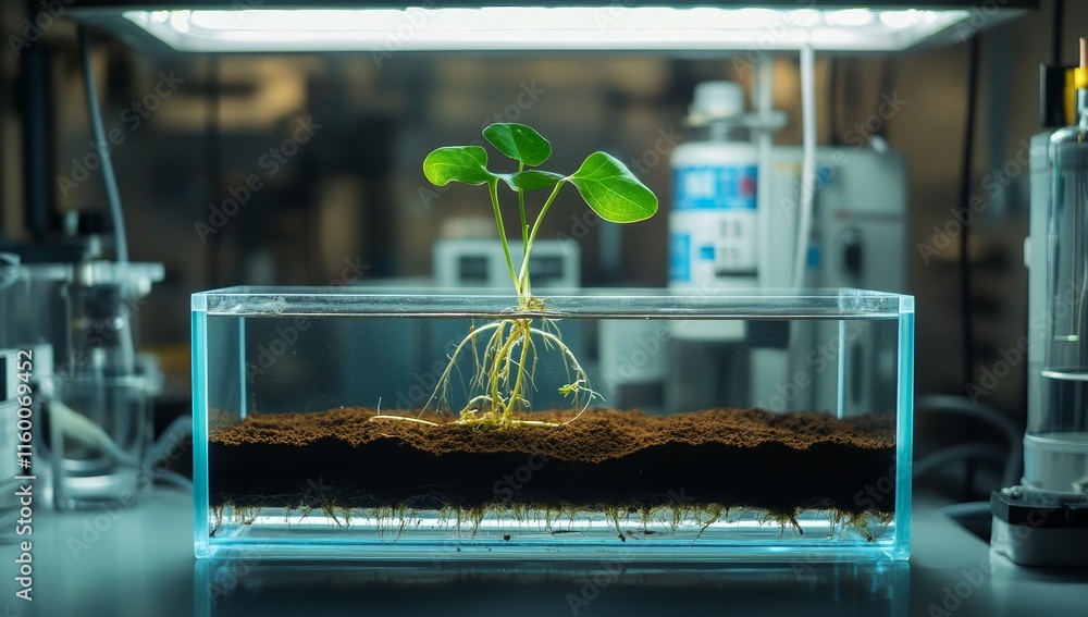 Poster A small plant with visible roots growing in a transparent container inside a laboratory.