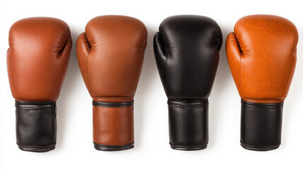 Four boxing gloves in different colors arranged neatly.