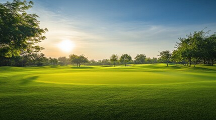 Naklejka premium A tranquil scene of a serene golf course, Pristine fairways stretching into the distance, Classic landscape style