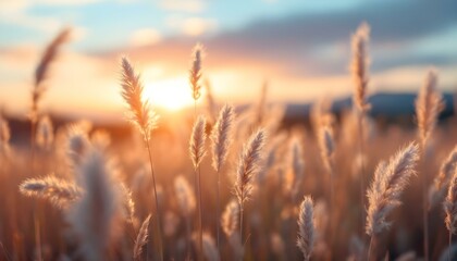 Fototapeta premium Pretty dry grass at sunset. Wheat ears dry grass summer trees sunset nature fresh air lifestyle. Pennisetum flower in the warm sunset. Field of dry yellow grass in warm sunlight at sunset in autumn