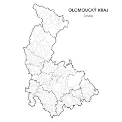 Political Map of the Olomouc Region (Olomoucký kraj) with Districts (Okres), AD MEC (SO ORP), AD CLA (SO POU) and Municipalities (Obcí) as of 2024 - Czechia/Czech Republic (Česko) - Vector Map