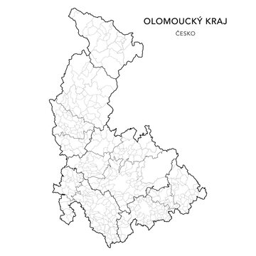 Political Map of the Olomouc Region (Olomouck&yacute; kraj) with Districts (Okres), AD MEC (SO ORP), AD CLA (SO POU) and Municipalities (Obc&iacute;) as of 2024 - Czechia/Czech Republic (Česko) - Vector Map