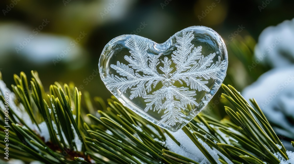 Poster heart-shaped ice sculpture with snowflake patterns on evergreen branch