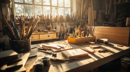 A tranquil woodworking area in a sunlit workshop, Hand tools and wooden pieces meticulously arranged, Rustic craftsmanship style