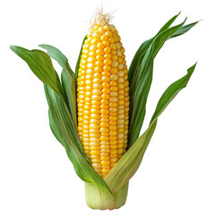 A yellow corn ear with green leaves. The corn is fresh and ready to be eaten. Concept of abundance and freshness, as well as the natural beauty of the corn plant