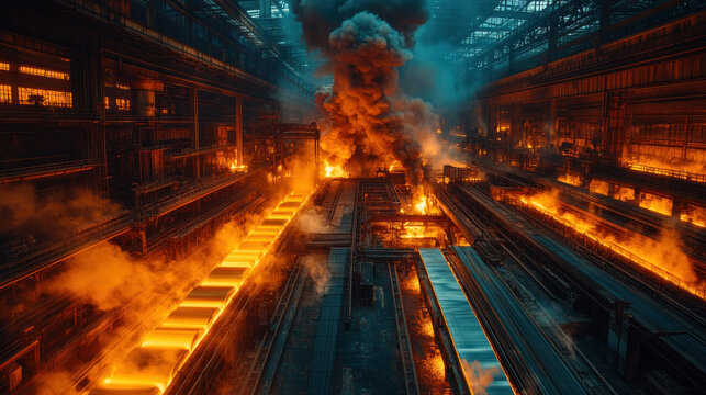 A steel manufacturing plant with towering furnaces and workers guiding metal slabs on rollers