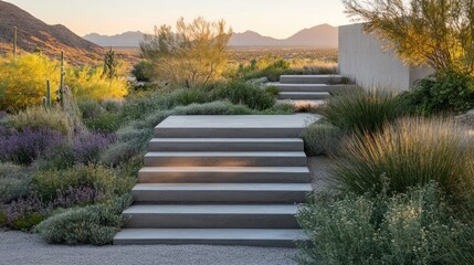 Fototapeta premium Massive concrete stairs ascending through desert shrubs, minimalist landscaping design, sunset glow