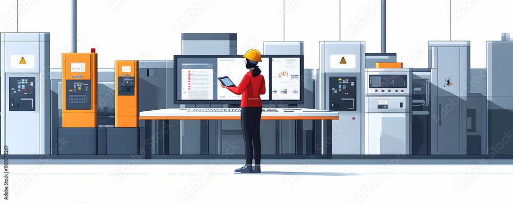 Aufkleber a worker in a factory setting using a tablet to monitor machinery and equipment.