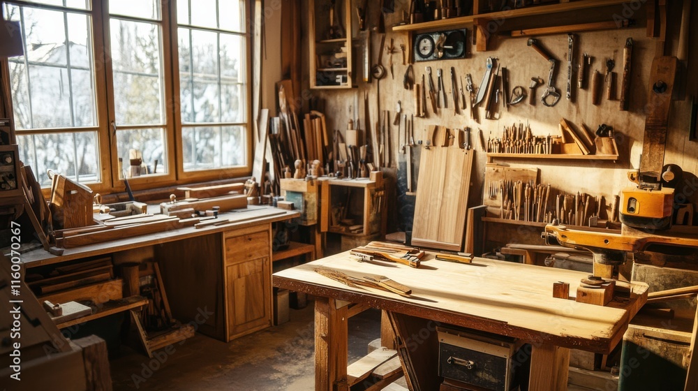 Poster a tranquil woodworking studio with handcrafted furniture and tools, woodworking tools arranged in a 