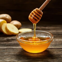 Honey in glass bowl, golden hour lighting, rustic wooden table, lemon slices, tea cup, honey dipper, fresh bread rolls, warm tones, soft focus, food photography, cozy atmosphere, natural ingredients, 