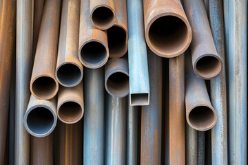 Stacked Rusty Metal Pipes in Industrial Setting