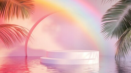 3d background product display podium scene with leaf geometric platform,cloud and sky, palm shadows and white stone podium,Mockup for eco beauty cosmetic advertising,Copy space.