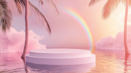 Obraz premium 3d background product display podium scene with leaf geometric platform,cloud and sky, palm shadows and white stone podium,Mockup for eco beauty cosmetic advertising,Copy space.