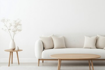 Modern Living Room Decor with Minimalist White Couch, Elegant Wooden Coffee Table, and Simple Decorative Elements for a Cozy and Inviting Atmosphere