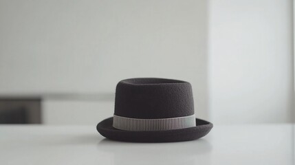 Dark brown felt fedora hat with light grey band on white table.