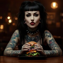 Naklejka premium Dark gothic woman, pale skin, red lipstick, black hair, blunt bangs, tattoos, holding burger, moody lighting, bokeh background, dramatic portrait, chiaroscuro, food photography, contrast, mysterious a