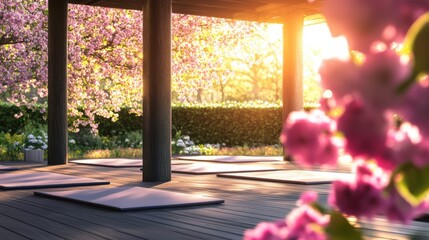 A tranquil yoga session in a garden pavilion, Yoga mats arranged under blooming cherry blossoms, Zen yoga style
