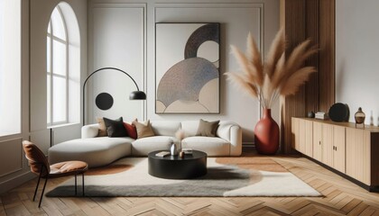 Modern minimalist living room, abstract geometric wall art, curved leather lounge chair, white sofa, round black coffee table, arched window, wooden floor, pampas grass, black floor lamp, neutral colo