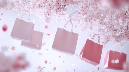 Fototapeta premium Colorful shopping bags falling on blue sky and pink sakura,background,black friday concept,sale or Discount banner,Template for promotion,advertising,web,social and spring season,ads,space for text.