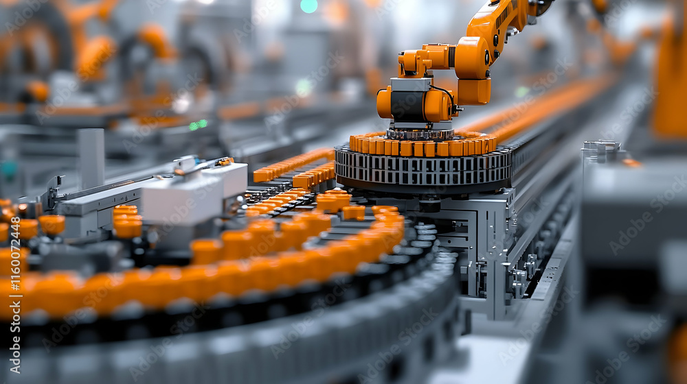 Poster a robotic arm operates in a high-tech industrial environment, showcasing automation in action.