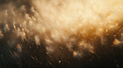 Obraz premium Golden hour backlit dandelion seeds blowing in wind.