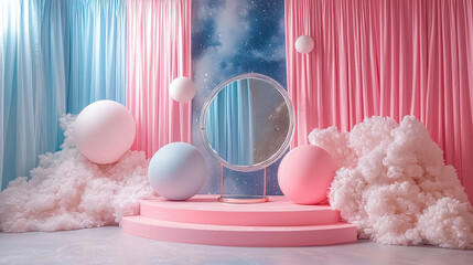 Dreamy Pastel Studio Backdrop: A whimsical and colorful backdrop, featuring a pink and blue color scheme with cloud-like shapes, perfect for product photography or fashion shoots.