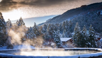 冬の温泉と雪景色: 日本の癒しの風景