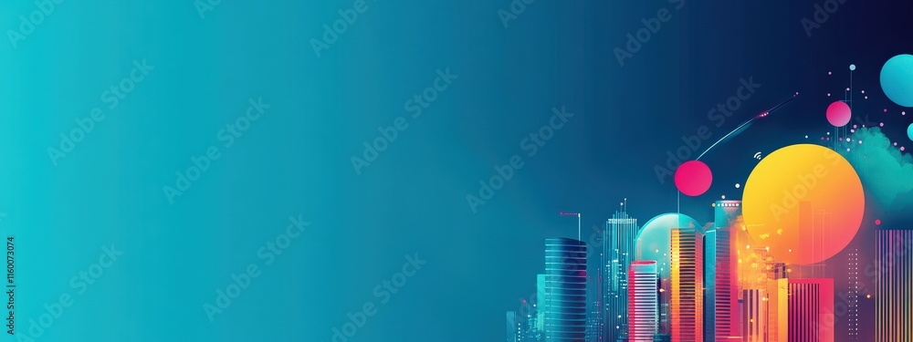 Poster vibrant abstract cityscape illustration with geometric shapes and colorful elements against a gradie