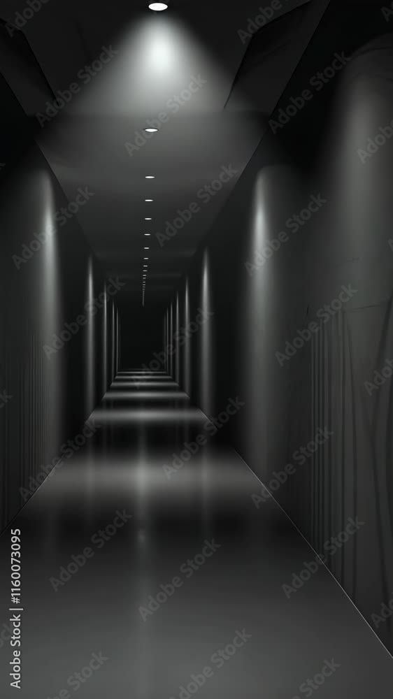 Poster Dark corridor illuminated by soft lights creates a mysterious atmosphere in an empty space