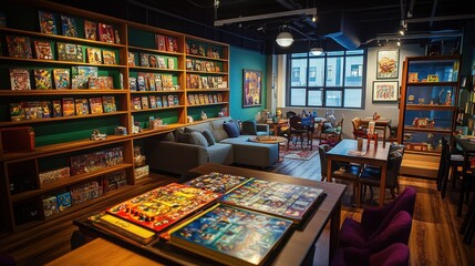 A vibrant board game cafe with board games and cozy tables, Gaming accessories and friendly ambiance meticulously arranged, Social gaming style